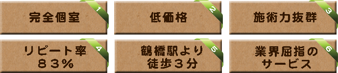 ６つの特徴詳細。①完全個室。①低価格。③施術力抜群。④リピート率73％。⑤鶴橋駅から徒歩３分。⑥業界屈指のサービス。